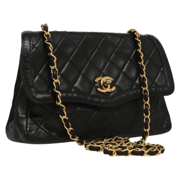 CHANEL Matelasse Chain Shoulder Bag Lamb Skin Black Gold CC Auth bs24071 - Picture 1 of 16